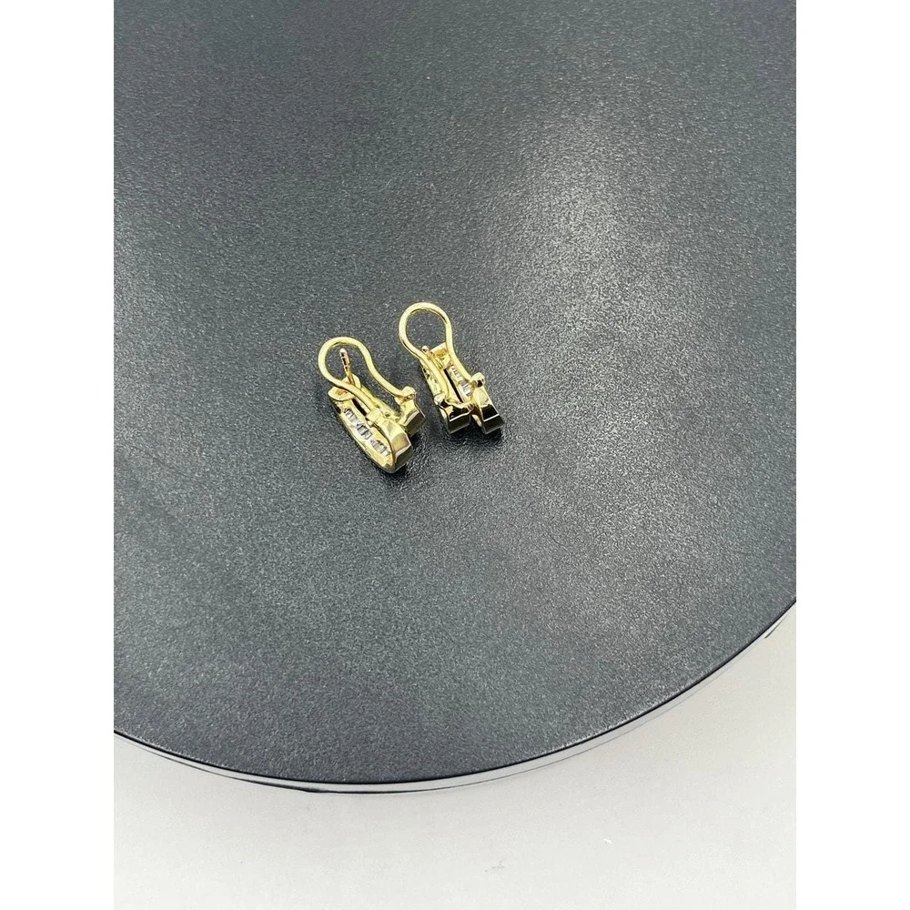 10K‎ Yellow Gold 30 Diamonds Round  Baguette Channel Huggie Hoop Omega Earrings